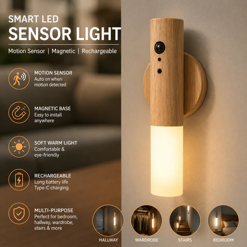 Smart LED Wooden Sensor Light: Rechargeable Magnetic Wall Sconce