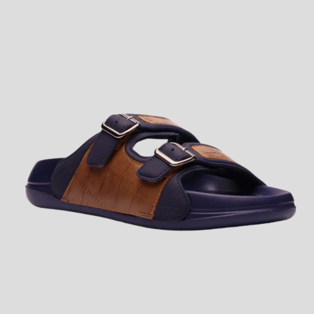 Z-045 | Men’s Dual Buckle Comfort Slide – Navy & Brown